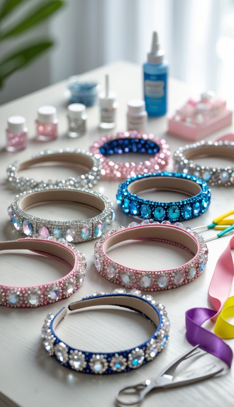 A collection of 15 rhinestone headbands displayed on a wooden surface with crafting tools and materials around them.